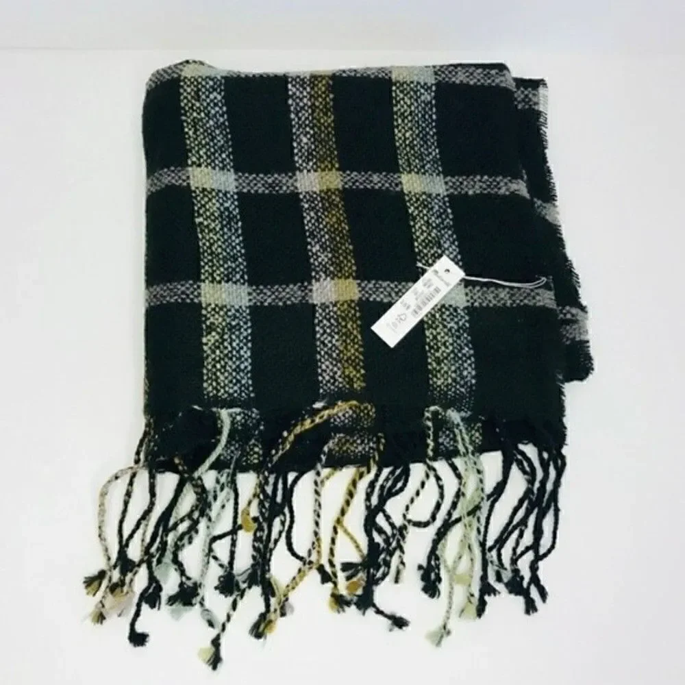 New! Madewell Oversized Black Plaid Gauzy Fringe Wool Raw Hem Blanket Scarf